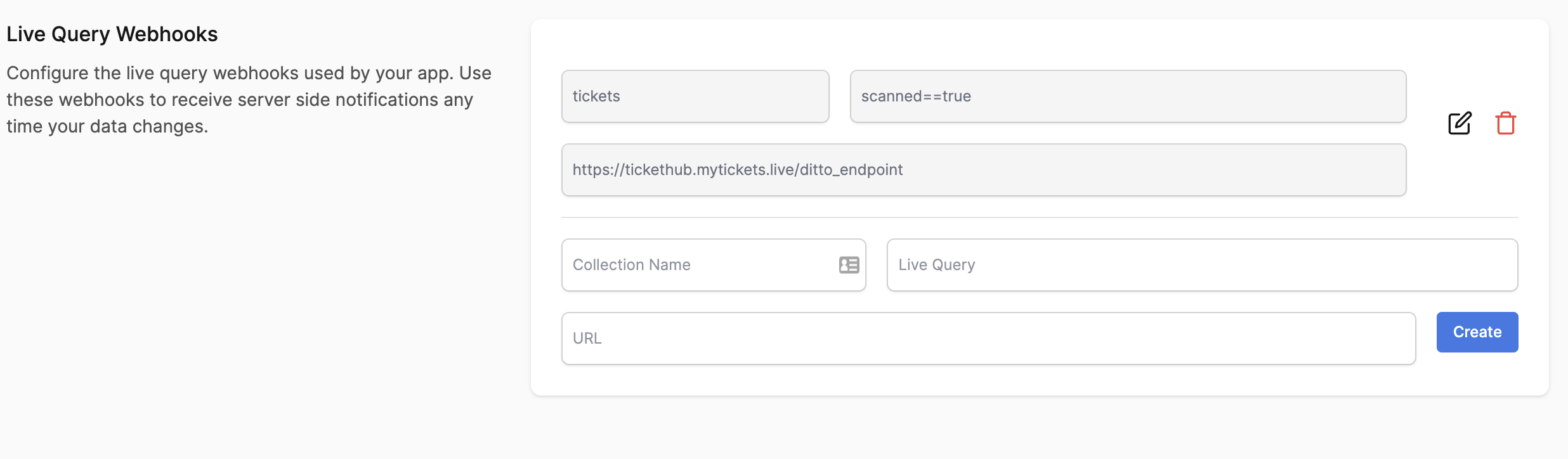 Screenshot of configured live query webhook